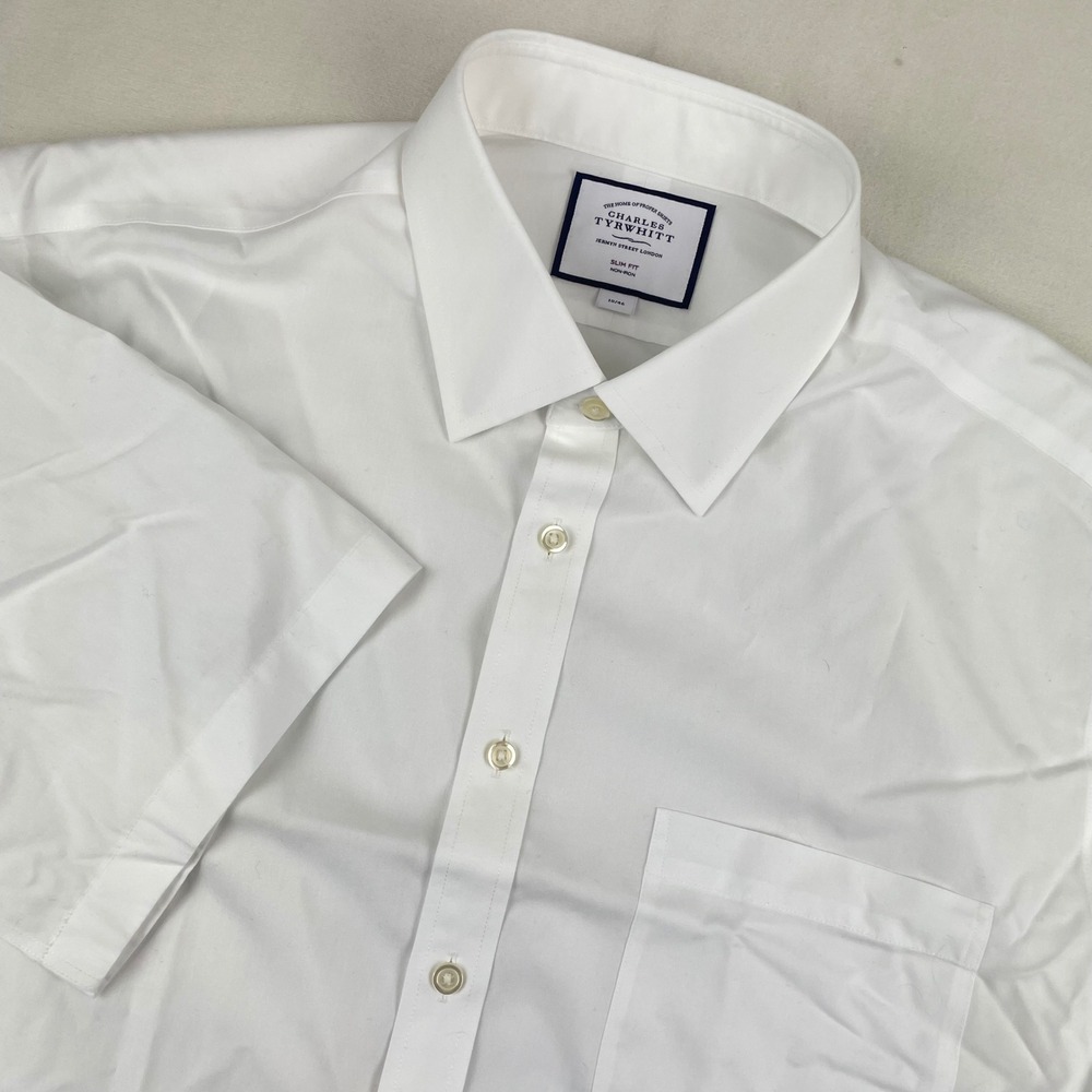 Charles Tyrwhitt Mens White Slim Fit Non-Iron Short Sleeve Dress Shirt 18/46